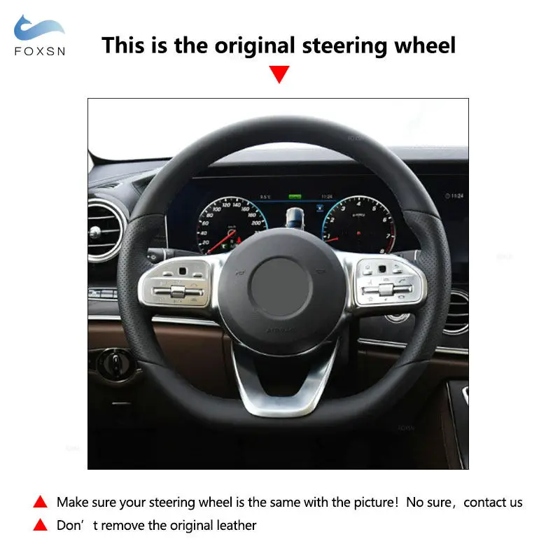 Фото Перфорированный кожаный чехол на руль автомобиля для Mercedes Benz W177 V177 W247 W205 C118 C257 W213 EQA H243 с синей линией №5