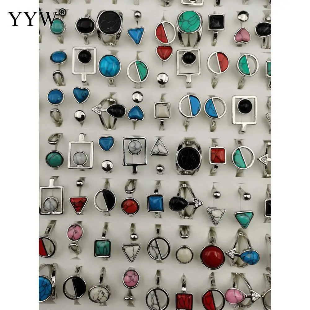 

50pcs/Bag Zinc Alloy Open Finger Ring With Turquoise Mixed Style Natural Stone Fashion Jewelry Rings For Women Men'S Party Gift