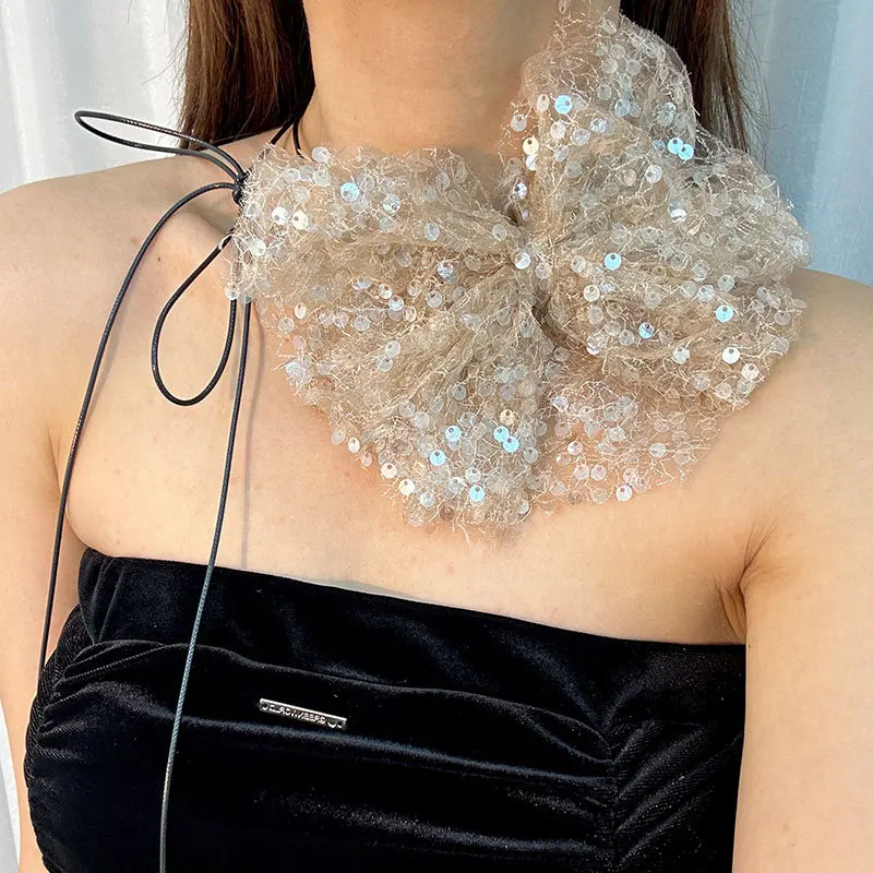 Vintage Handmade Lace Sequins Bowknot Big Flower Clavicle Chain Necklace for Women Adjustable Choker Dinner Party Neck Jewelry