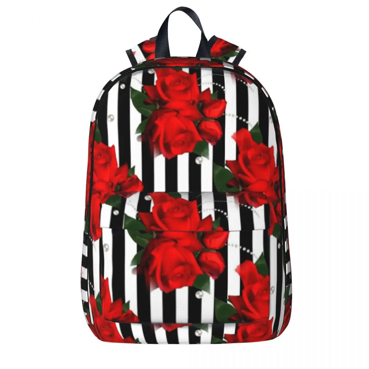 

Red Roses On Black And White Stripe Backpack Book bag Shoulder Bag Laptop Rucksack Fashion Travel Rucksack Children School Bag