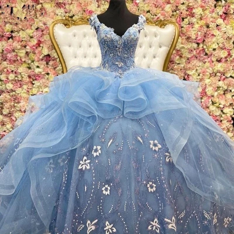 

ANGELSBRIDEP Blue Light Applique Ruffle Quinceanera Dresses Party Prom Robe Beading vestidos de 15 años Sweet 16th Birthday HOT