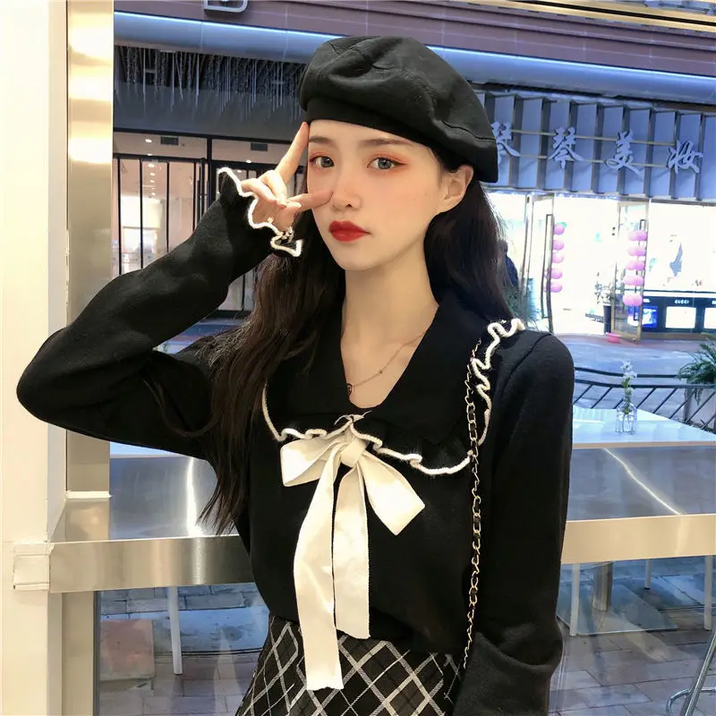

Chic Soft Knitted Style Top Peter Long Pan Korean Female Knitwear Sleeve Autumn Pullovers Solid Sweaters Woman Collar Spring