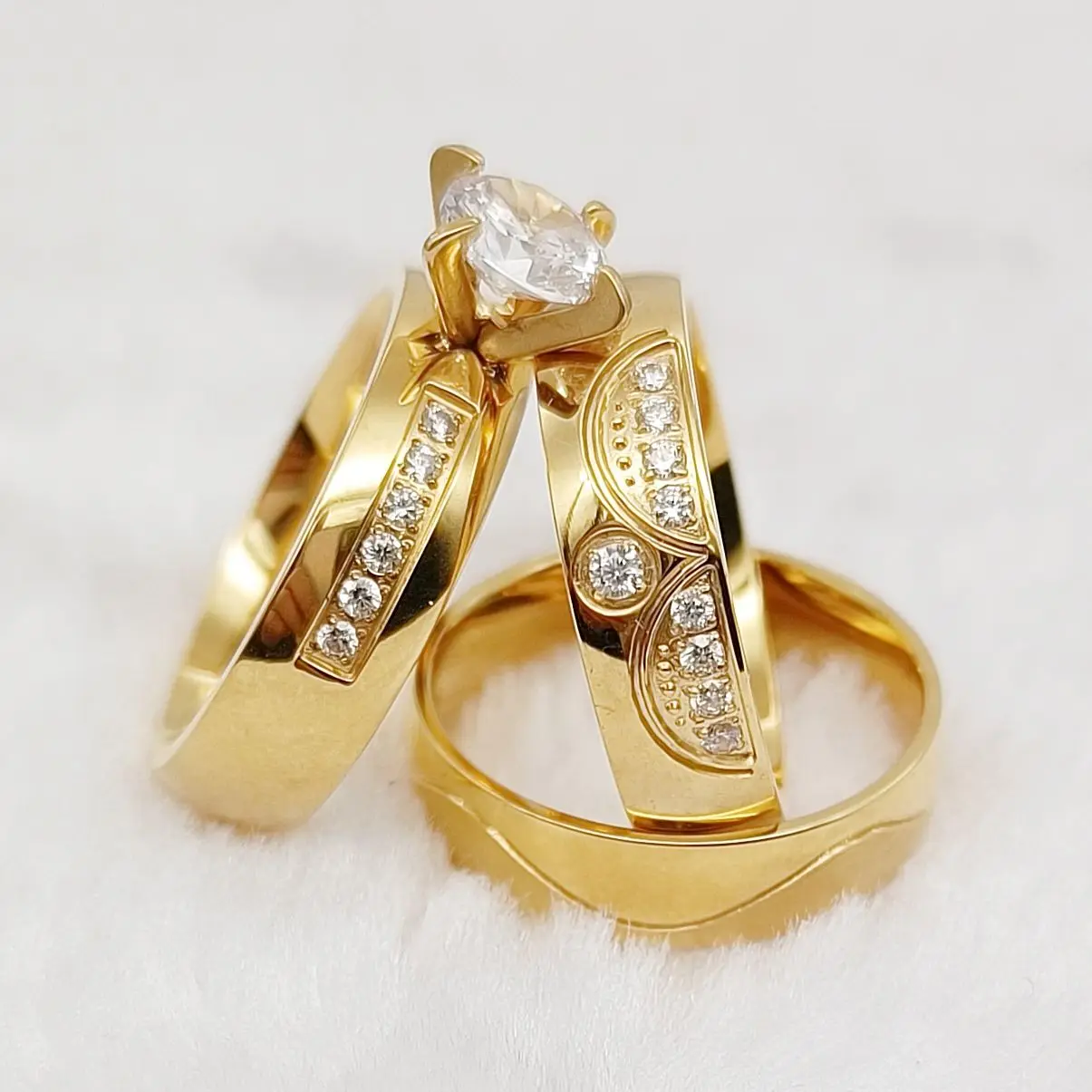

Luxury 3pcs Wedding Rings Set For Couples Ladies Gents Women Crown 24k Gold Filled Fashion Jewelry cz diamond Engagement Ring