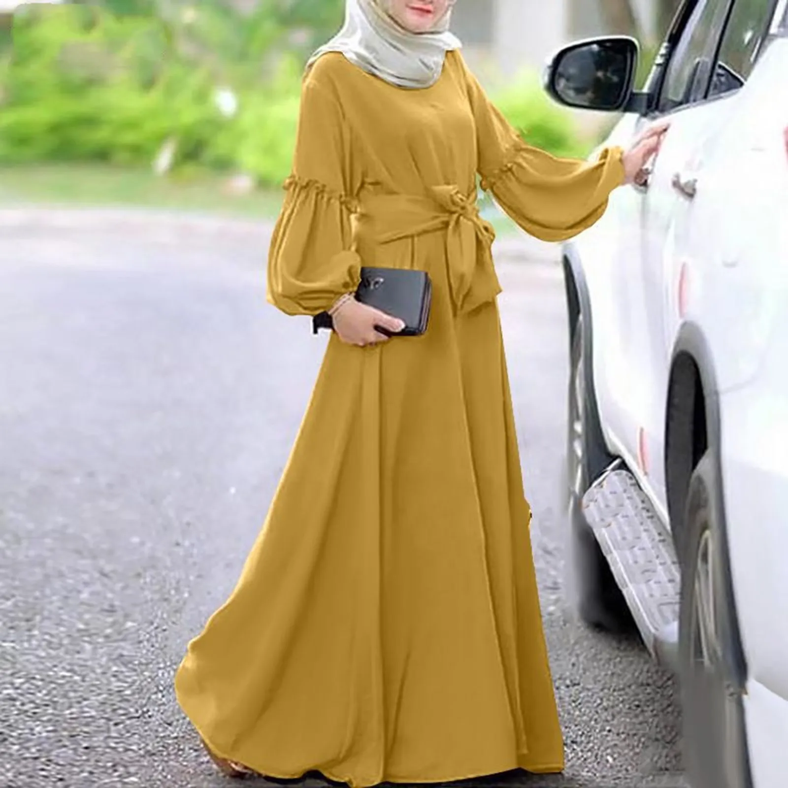

Women Muslim Abaya Dubai Dress Solid Long Sleeve Ruffles Maxi Long Sundress Femme Robe Lace Up Muslim Dress Islamic Clothing