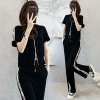 net red 2022 new two piece sets short sleeved sports fashion wide leg pants summer 2 piece outfit blue black