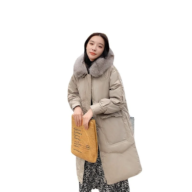 2022 Winter 90% White Duck Down Jacket Women Oversized Thick Warm Fur Hooded Long Parkas Female Loose Pocket Coat