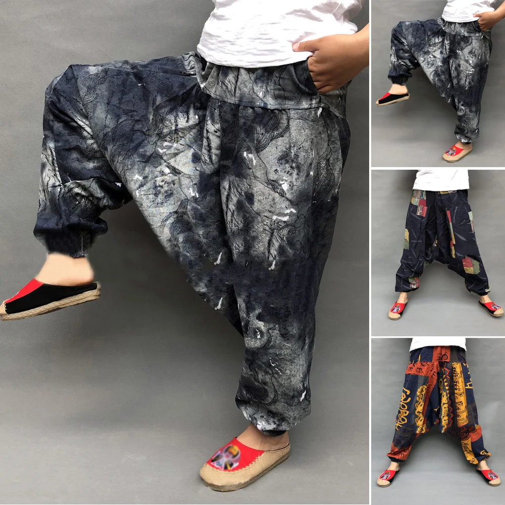 

Men Summer Japanese Fashion Retro Print Casual Harem Pants Ethnic Style Large Crotch Loose Pants Male Cotton Linen Trouser Pants