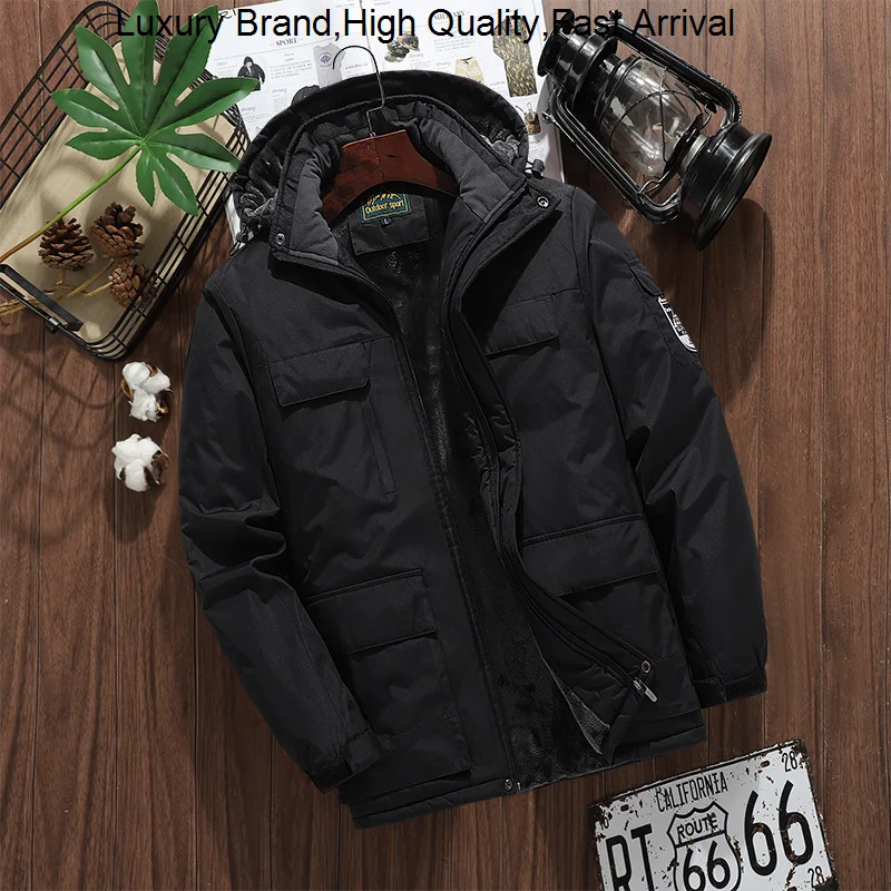 

Oversized Brand Winter Parkas FleeceWindproof Jacket Men Multi-pocket Hooded Trench Coat Men's Fashion Waterproof Outwear