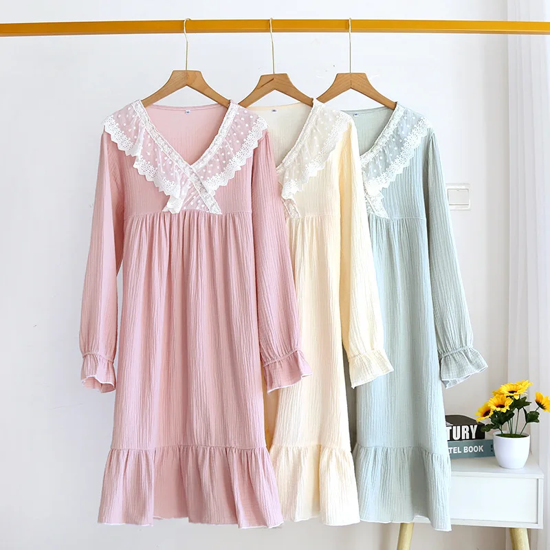Princess Nightdress Cotton Spring Autumn Double Gauze V-Neck Lace Long Sleeve Washed Crepe outdoor over The Knee Home nightgown