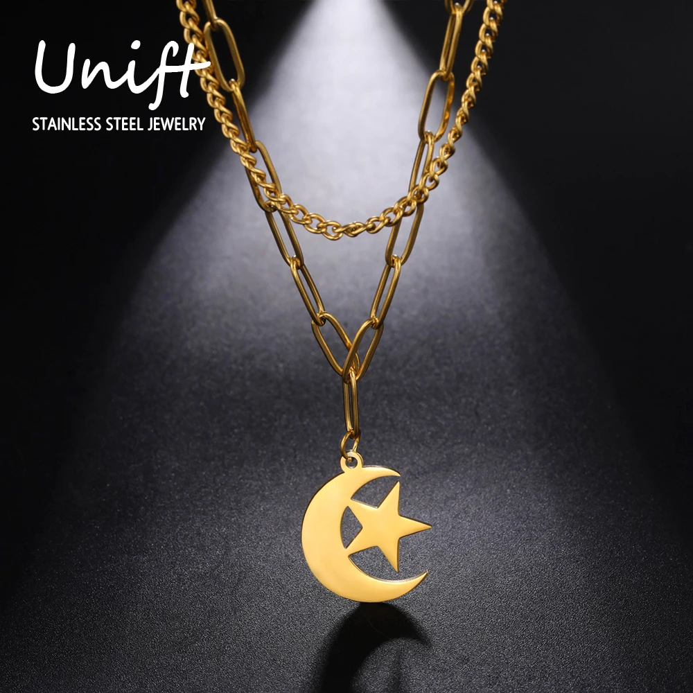 

Unift Moon Star Necklace Double Layer Stainless Steel Necklace for Women Girl Exquisite Fashion Jewelry Gold Plated 2022 Trend