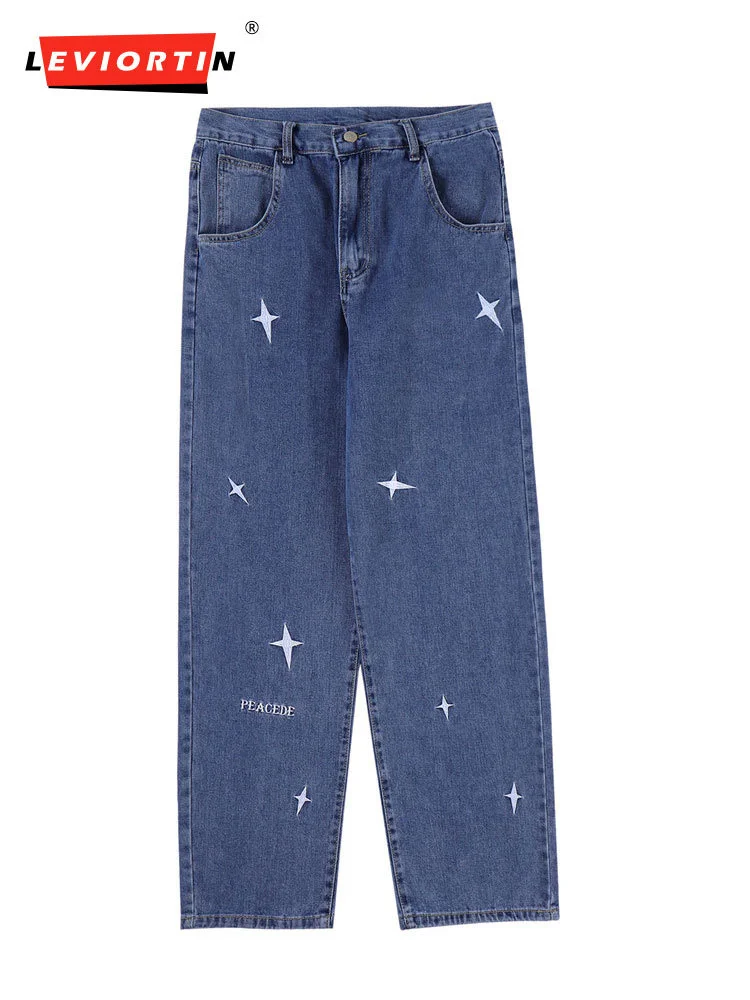 

Harajuku Mens Jeans Pants Streetwear Hip Hop Vintage Embroidered Star Baggy Denim Pants Y2K Causal High Street Denim Trousers