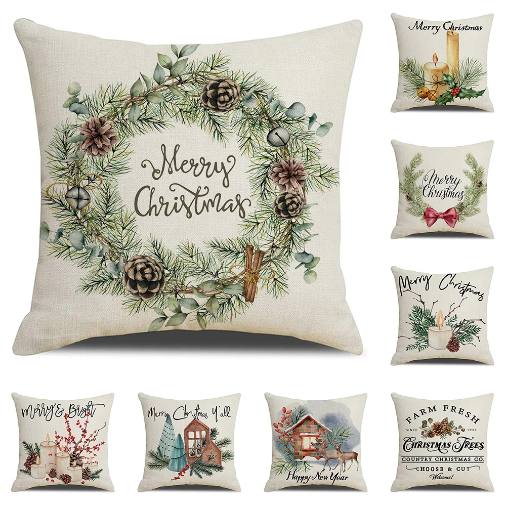 

Christmas Pillow Case Xmas Home Decoration Linen Cushion Cover for Sofa Candle Bird Flower Painting Throw Pillow Cover 45x45cm