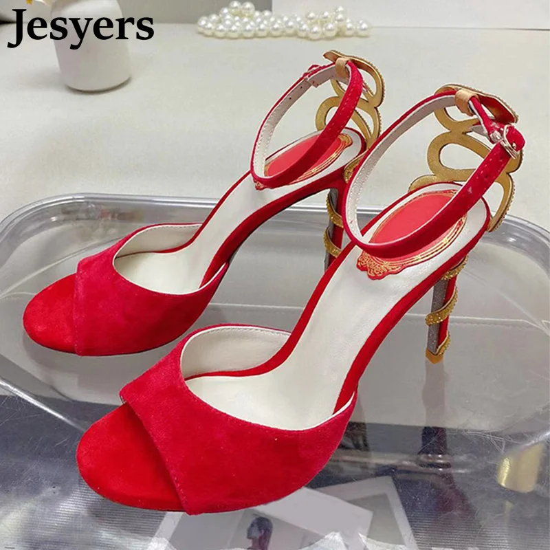 

2022 New Fish Mouth High Heel Sandals Women's Gold Snake Crystal Sexy Stiletto Shoes Summer Banquet Wedding Dress Shoes Female