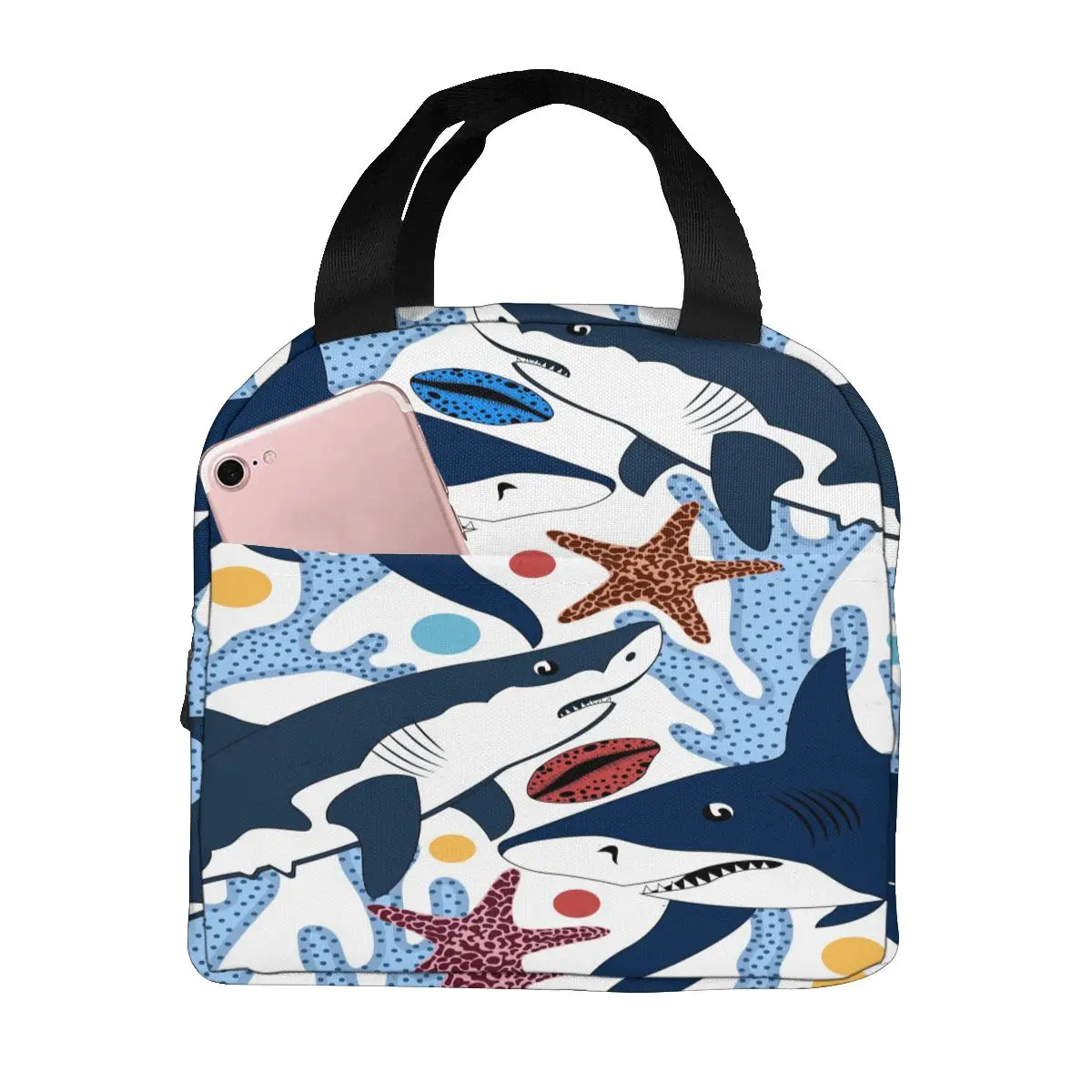 

Sharks Shells Starfishes Corals Sea Lunch Bag Portable Insulated Thermal Cooler Bento Lunch Box Tote Picnic Storage Bag Pouch