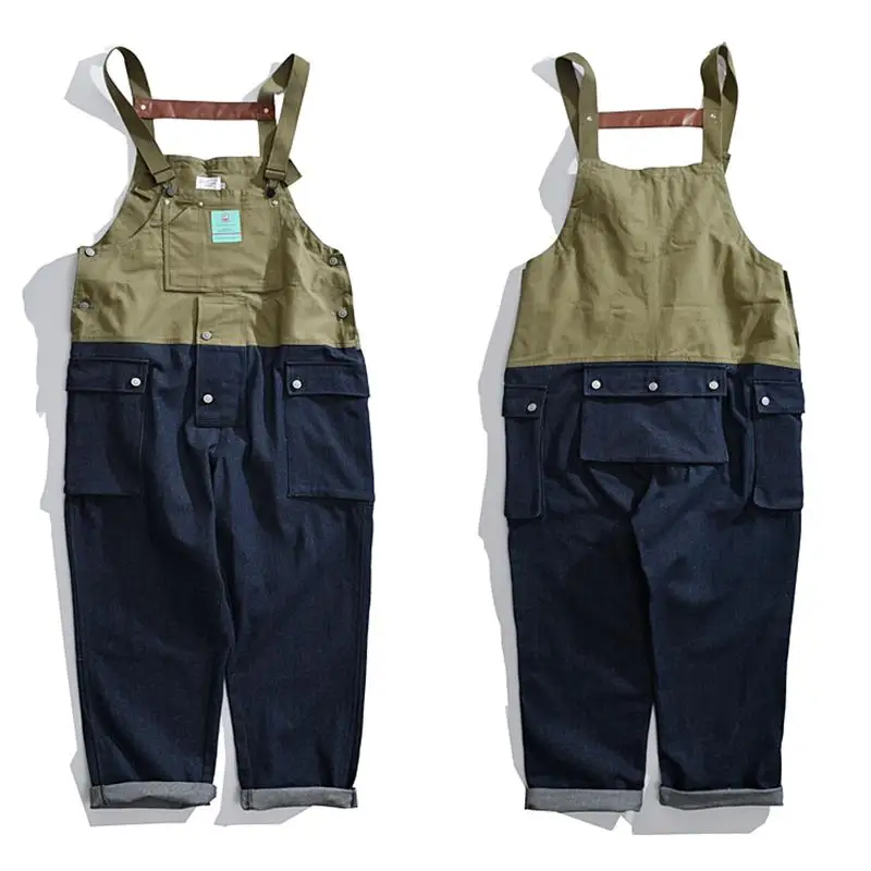 Street personality color-blocking tooling jumpsuit men's and women's American suspenders tide brand strap functional jeans