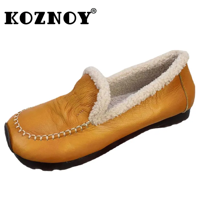 

Koznoy 2cm Ethnic Natural Cow Genuine Leather Autumn Spring Women Soft Soled Flats Ladies Loafers Slip on Plush Warm Comfy Shoes
