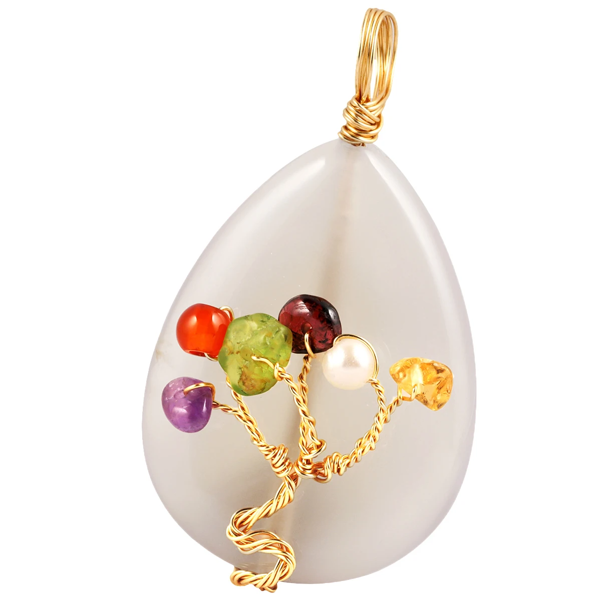 

Water Drop Shape Agate Stone Pendant Handmade Golden Wire Wrapped Tree Of Life Charms For Women Jewelry Making DIY Necklace