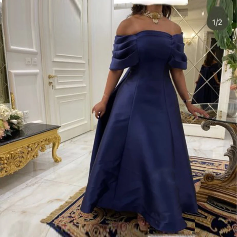 

Navy Blue Evening Gowns Saudi Arabia Off The Shoulder A Line Prom Dresses Ruched Satin Fllor Length Robe De Soiree Party Dress