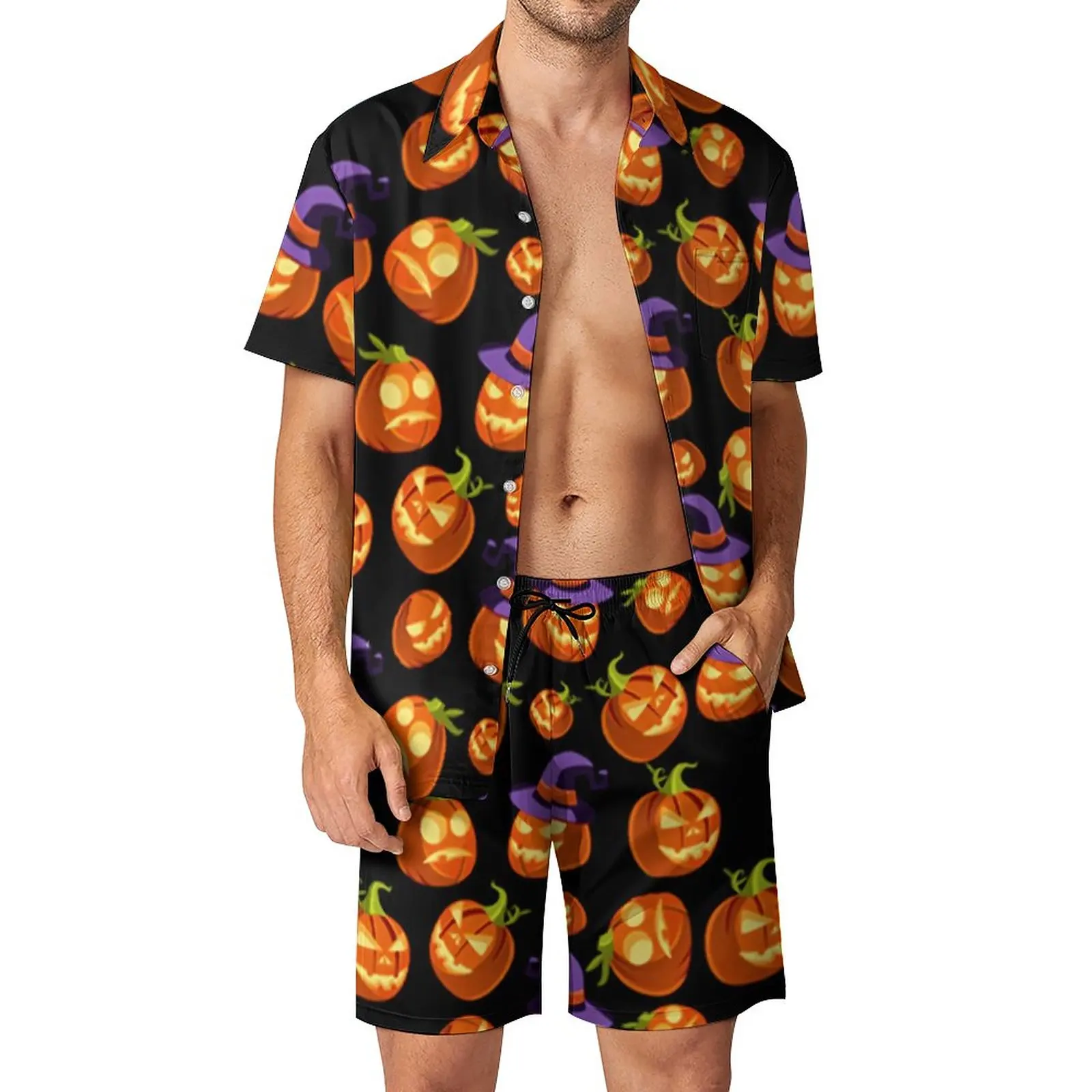 

Симпатичные пляжные мужские комплекты с тыквой, страшный повседневный комплект рубашки для Хэллоуина, летние графические шорты, костюм из двух частей, гавайский костюм 2XL 3XL