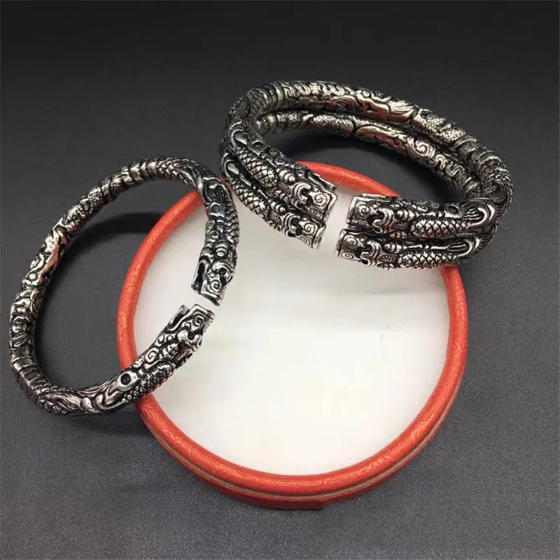 

New Retro Embossed Two Ring Ring 999 Silver Bracelet Couple Models Personality Opening Jewelry Men and Women Party Birthday Gift
