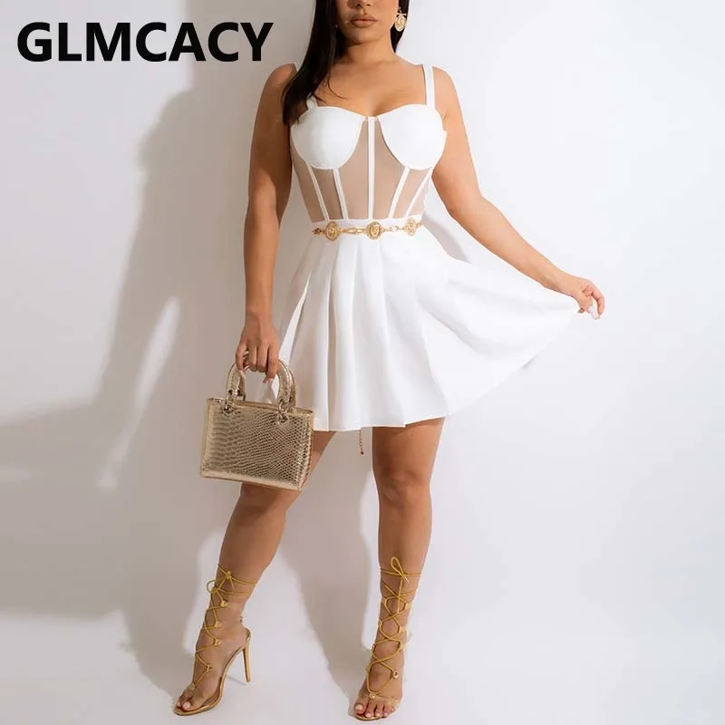 

Women Summer Mesh Insert Pleated Mini Dress Sweet Mini Dress