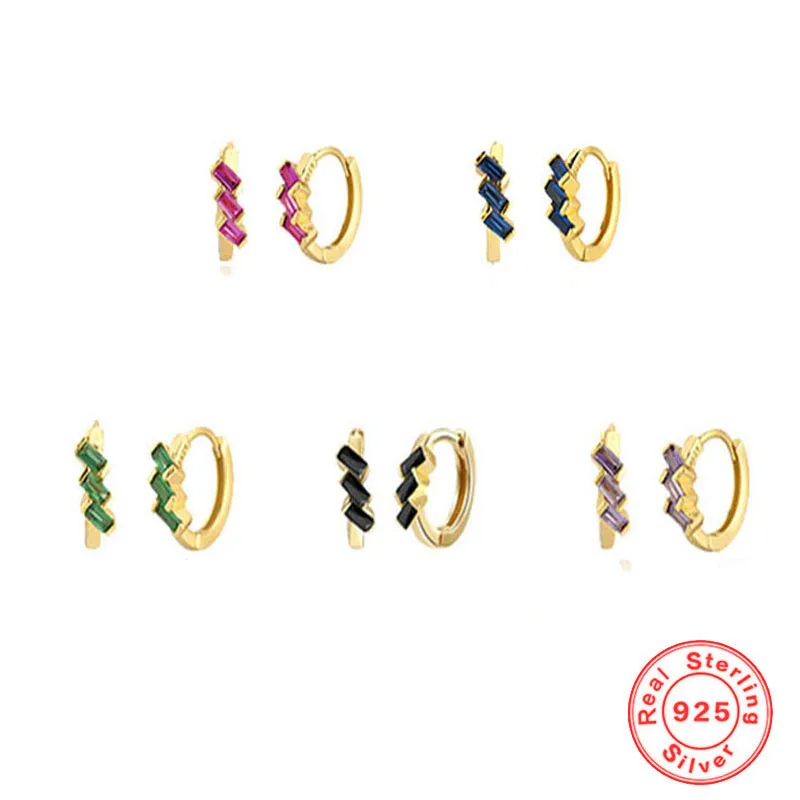 

925 Sterling Silver Mini Three Rectangle Zircon Small Hoop Earrings for Women Minimalist White/Purple/Green CZ Round Earrings
