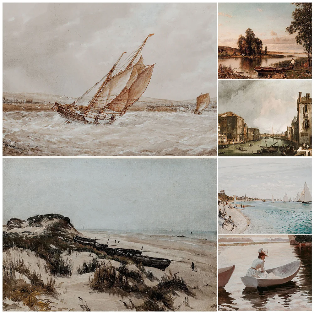 Винтажная картина маслом на паруснике Декор морской пейзаж озеро дом настенный