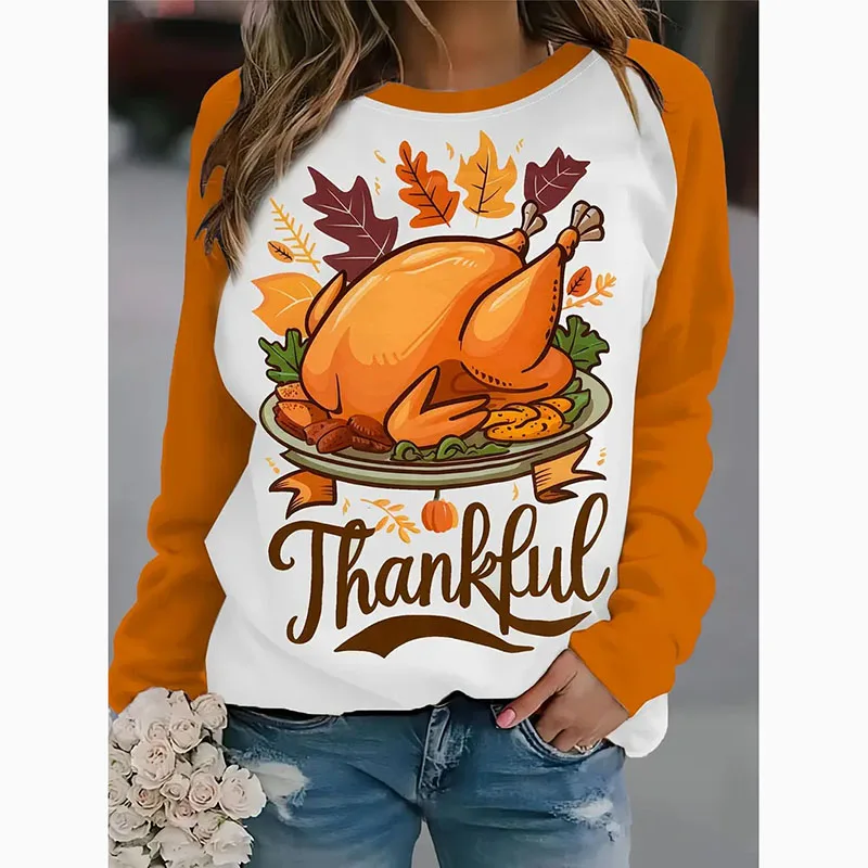 Harvest Thanksgiving Ugly Sweatshirt Women's Clothing 3D Printed Fun Cartoon Turkey Crewneck Holiday Parties Pop Tops