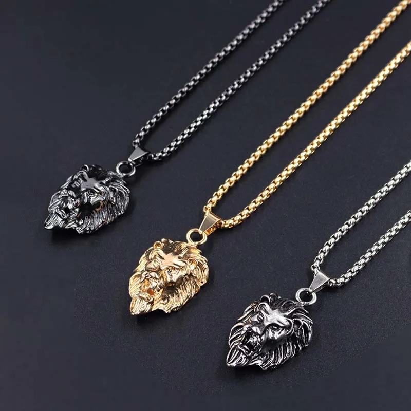 

Hiphop Rock Animal Stainless Steel Lion Head Gold Sliver Black Color Chain Necklaces Pendant for Men Fashion Jewelry Wholesale