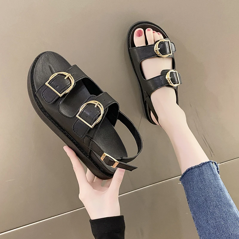 

Roman Platform Slippers Women Summer Flat Bottom New Fashion Word with Soft Bottom Outer Wear Sandals Buckle Strap Decoration