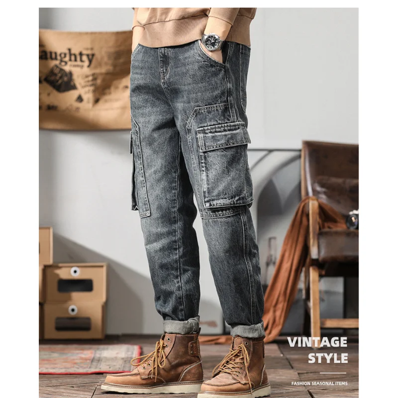 Streetwear Men 2022 New Pattern Vintage Recreational Bluish Grey Jeans Loose Straight Cylinder Broad Leg Trousers Autumn Female