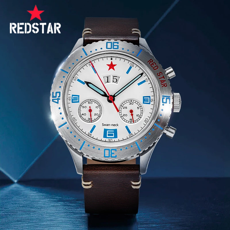 

RED STAR Men Pilot Watches Mechanical Chronograph Sappire Super Luminous 1963 Seagull ST1931 Movement With Blue Gooseneck Spring