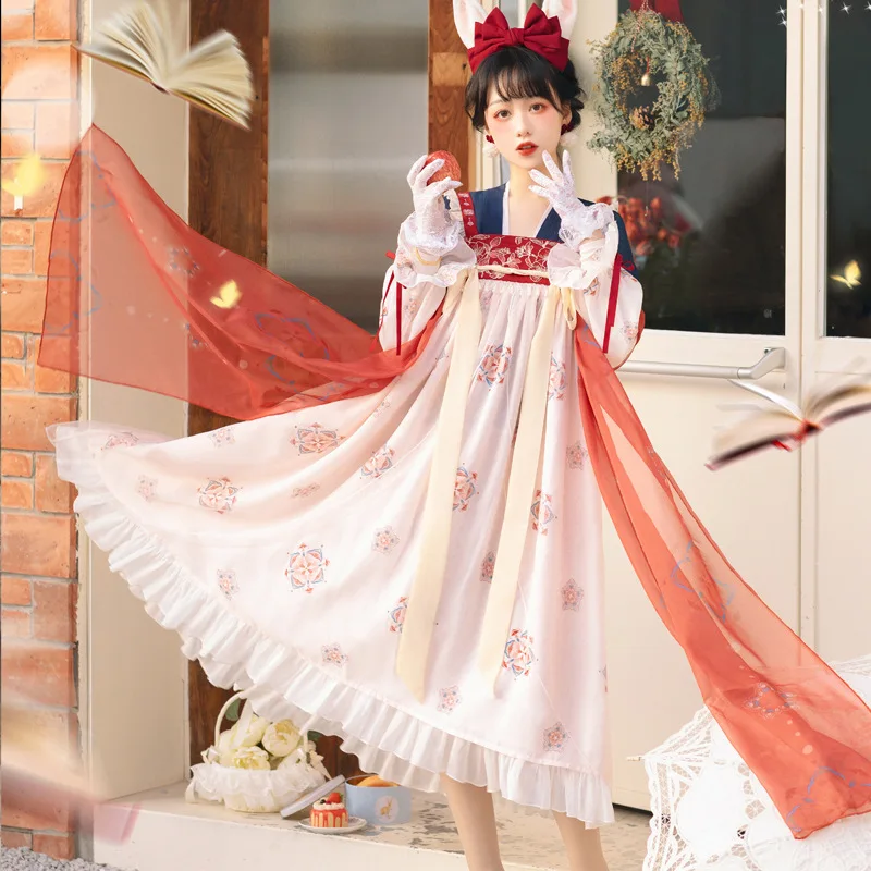 

Women Spring Autumn New Chinese Style Traditional Fairy Hanfu Oriental Ancient Flower Print Four Piece Suit Dress Fluffy Skirt