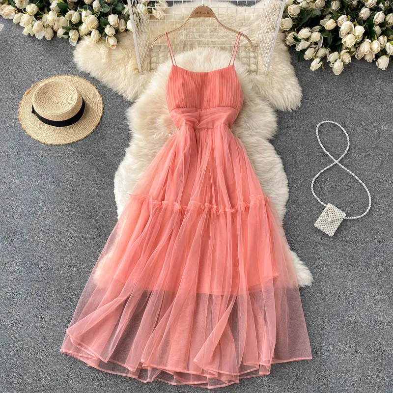 

Women's New Summer Vacation Skirt Fairy Dress Summer French Waist Wrapped Slim Slim Slim Strap Mesh Dress