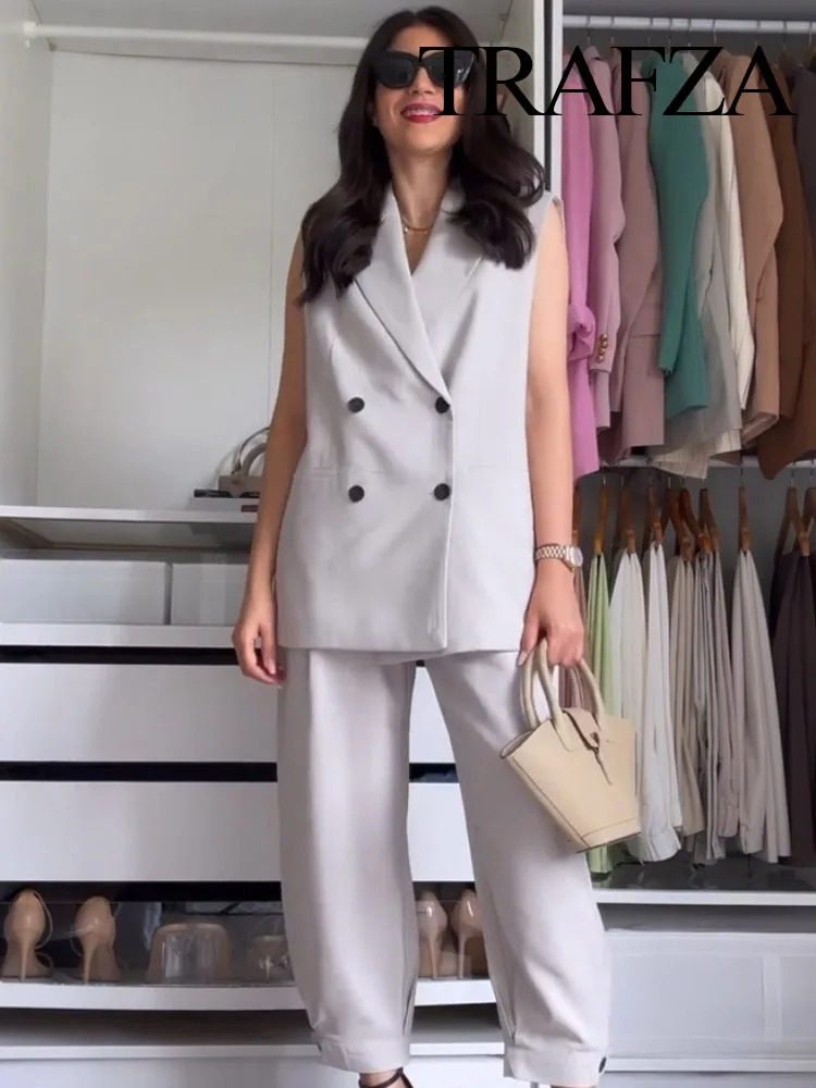 

TRAFZA Suits For Women Thin Solidturn-down Collar Back Slit England Style Tops + With Pockets Elegant Cool Long Female Trousers