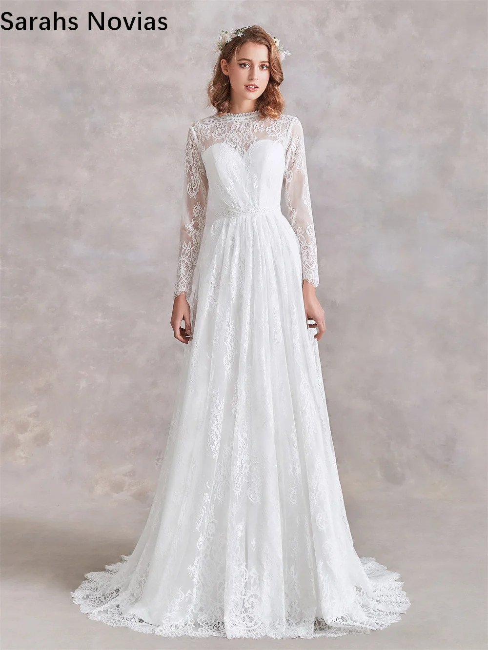 

Кружевные Длинные свадебные платья а-силуэта с длинным рукавом, простые элегантные неформальные летние платья невесты, 2022 реальные фотогра...