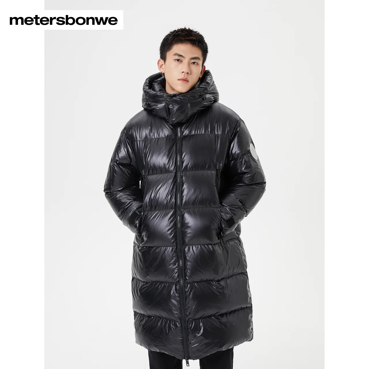 Metersbonwe Long Glossy Down Jacket Winter Men Hooded Thick Winter Down Coat Solid Fashion Overcoat Outerwear Warm Hat Detachabl