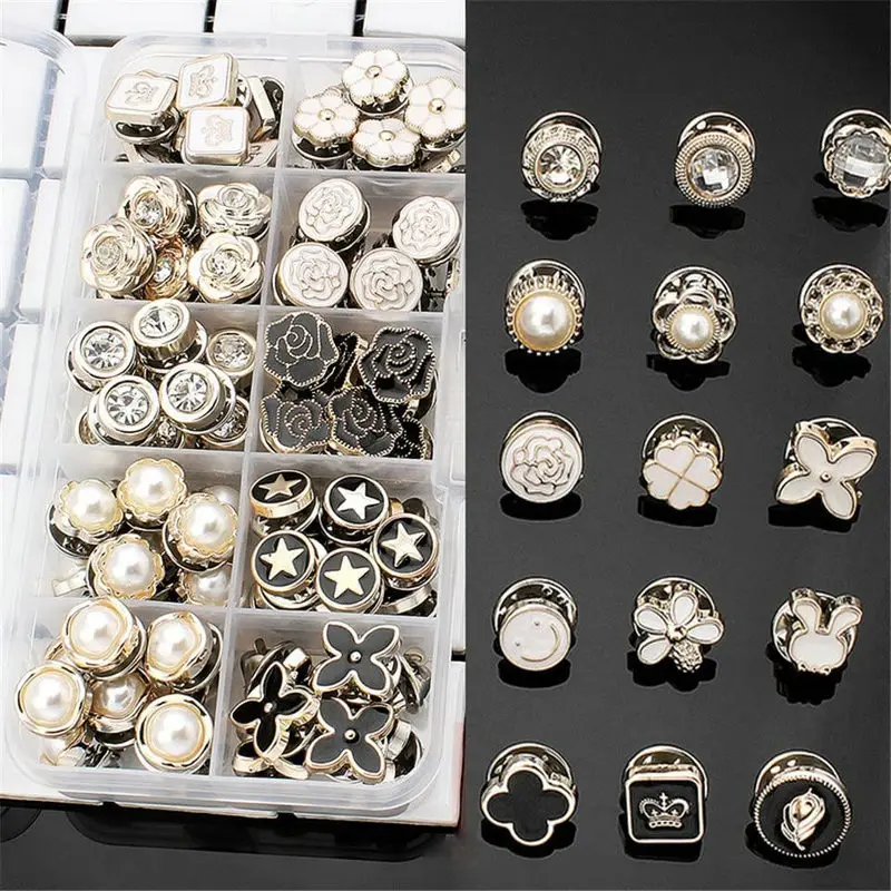 Купи 10Pcs Free Sewing Pearl Rhinestone Button Brooch Prevent Accidental Exposure Buttons Safety Buckle Metal Tie Pin Back Clutch DIY за 152 рублей в магазине AliExpress