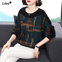 patchwork casual o neck long sleeve spring autumn korean all match tops 2022 new comfortable leisure popularity womens clothing