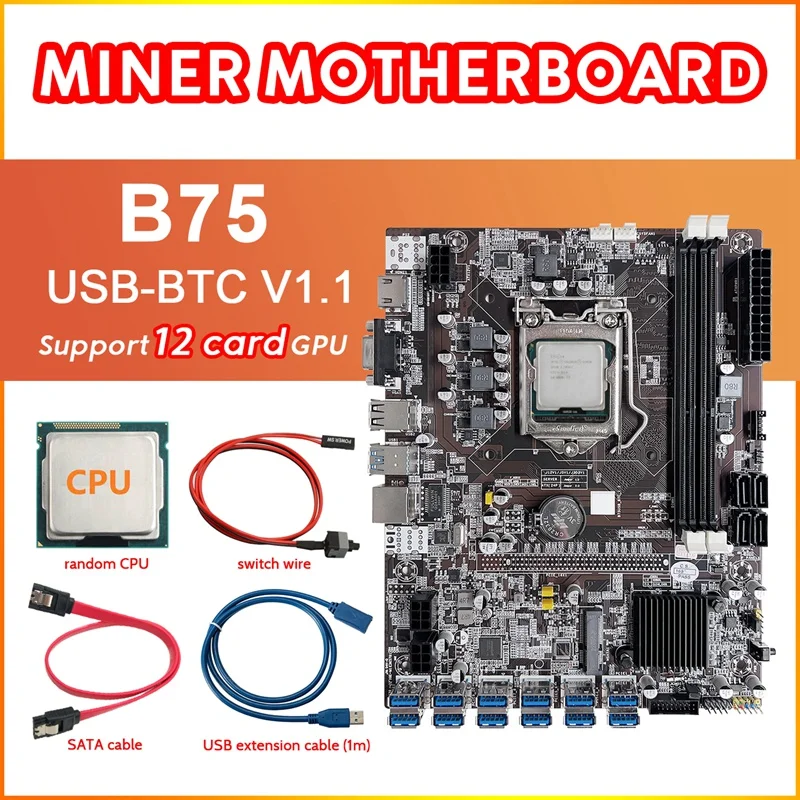 B75 12 Card BTC Mining Motherboard+CPU+USB Extension Cable+SATA Cable+Switch Cable 12XUSB3.0 Slot LGA1155 DDR3 RAM MSATA