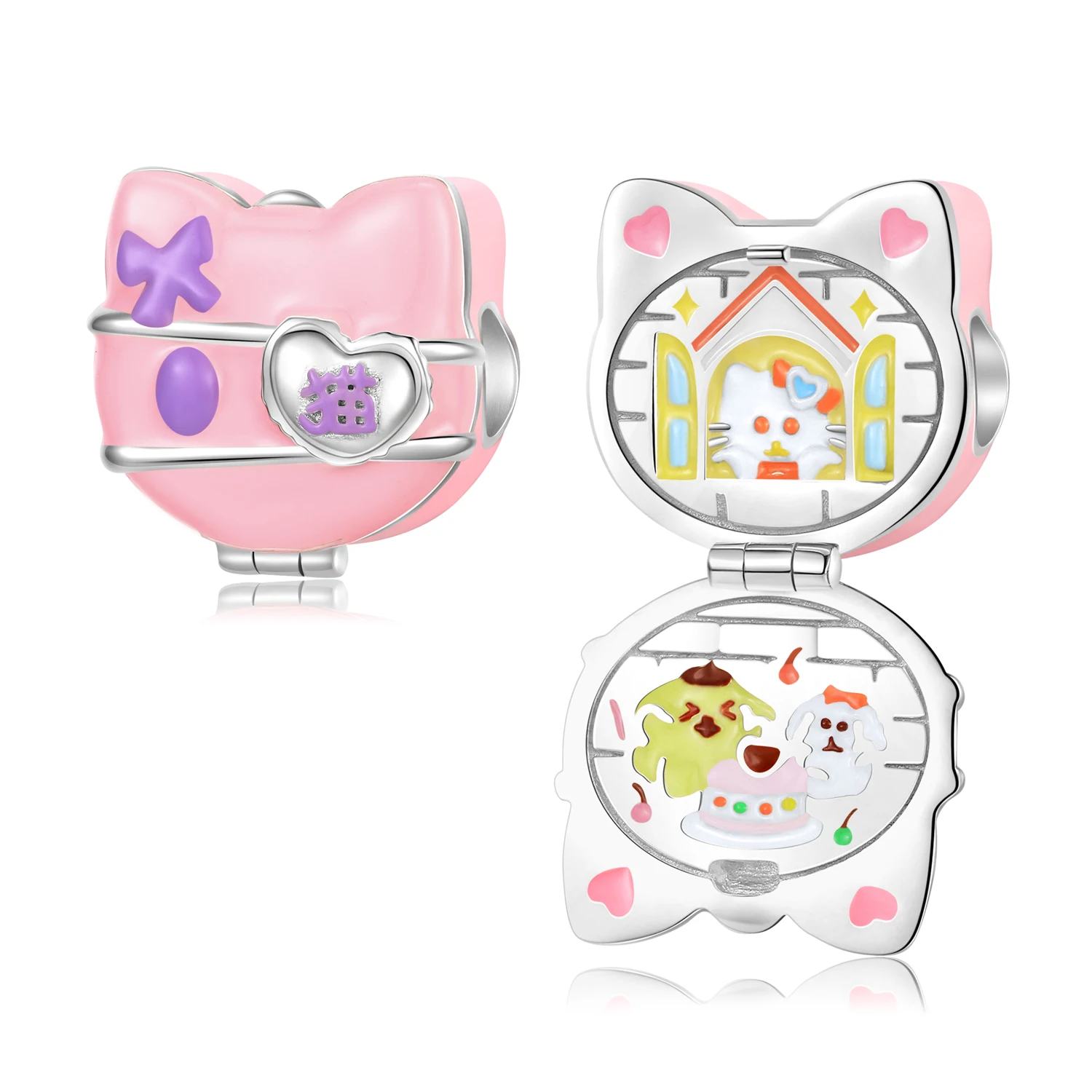 

KATAOKA 925 Sterling Silver Pink Cat Opens Surprise Friend Party Cartoon Bead Charms for Women Diy Making Bracelet