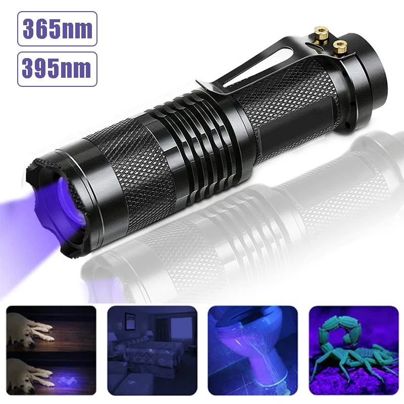 

395/365 NM Mini Purple Light Flashlight Zoom LED Torch Pet Urine Stains Detector Outdoor Waterproof Scorpion Hunting Light