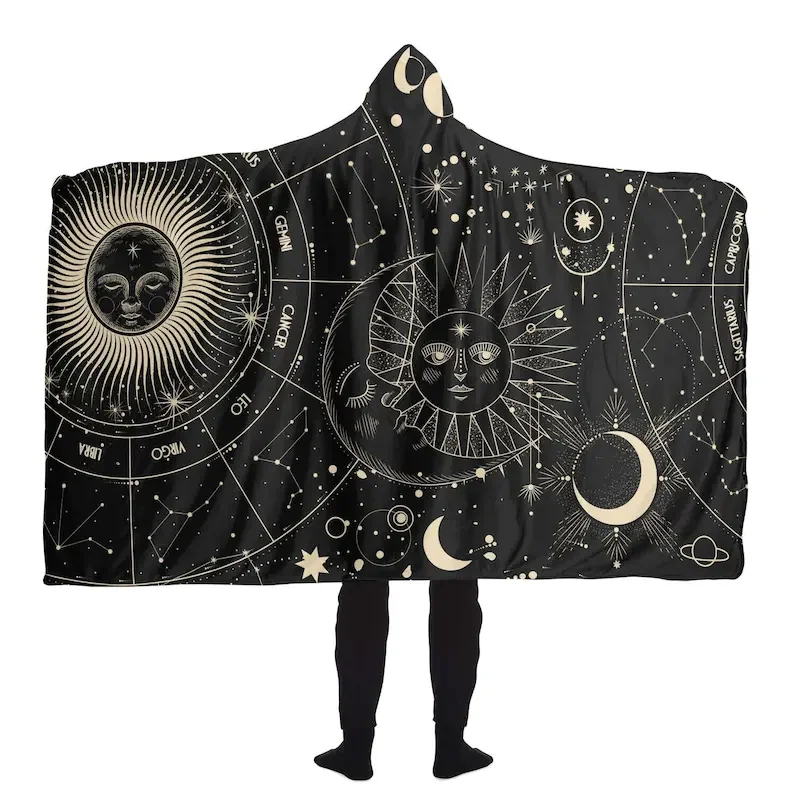 

Sun Moon Phase Hooded Blanket | Astronomy Space Throw Hoody Blanket | Constellation Galaxy Comfy Tv Blanket | Celestial Home Snu