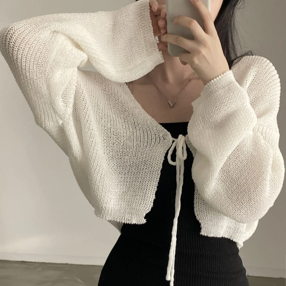 

Korean Chic Spring and Autumn Retro Solid Color All-match Knitted Cardigan Women's Ice Silk Thin Sweater Coat Women