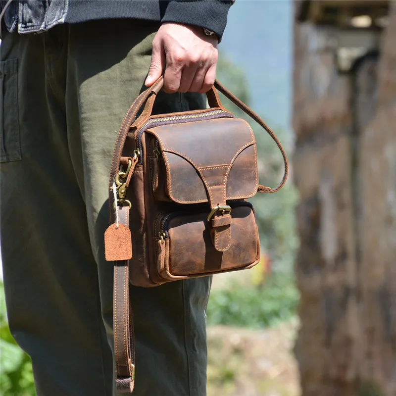 Vintage outdoor daily crazy horse cowhide men small handbag weekend casual natural genuine leather shoulder messenger bag