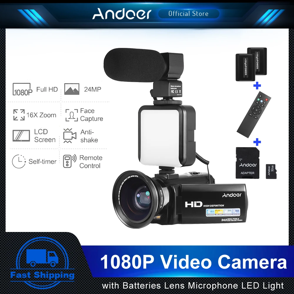 

Andoer HDV-201LM видеокамера 1080P FHD Цифровая видеокамера DV записывающее устройство 24MP 16X с широкоугольным объективом 0,39x светодиодный фоном светиль...