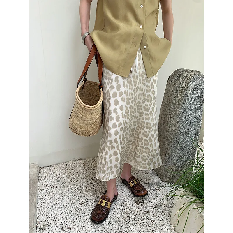 

Skirts Elastic Waist Printed Satin Summer New Leopard A-line Skirt Length