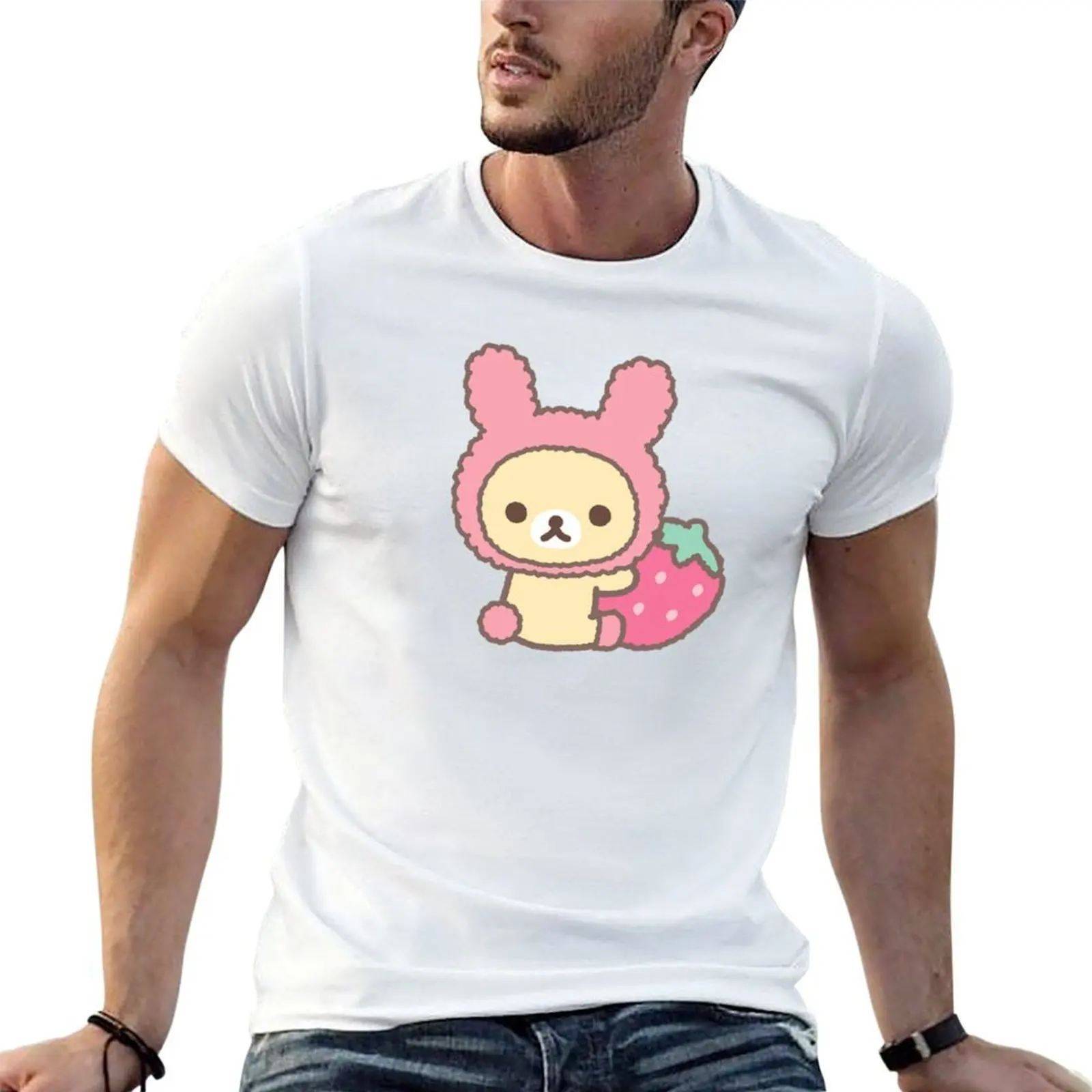 Фото Rilakkuma-Korilakkuma клубничная футболка футболки дизайнерские футболки для мужчин облегающие футболки с аниме для мужчин футболка №1