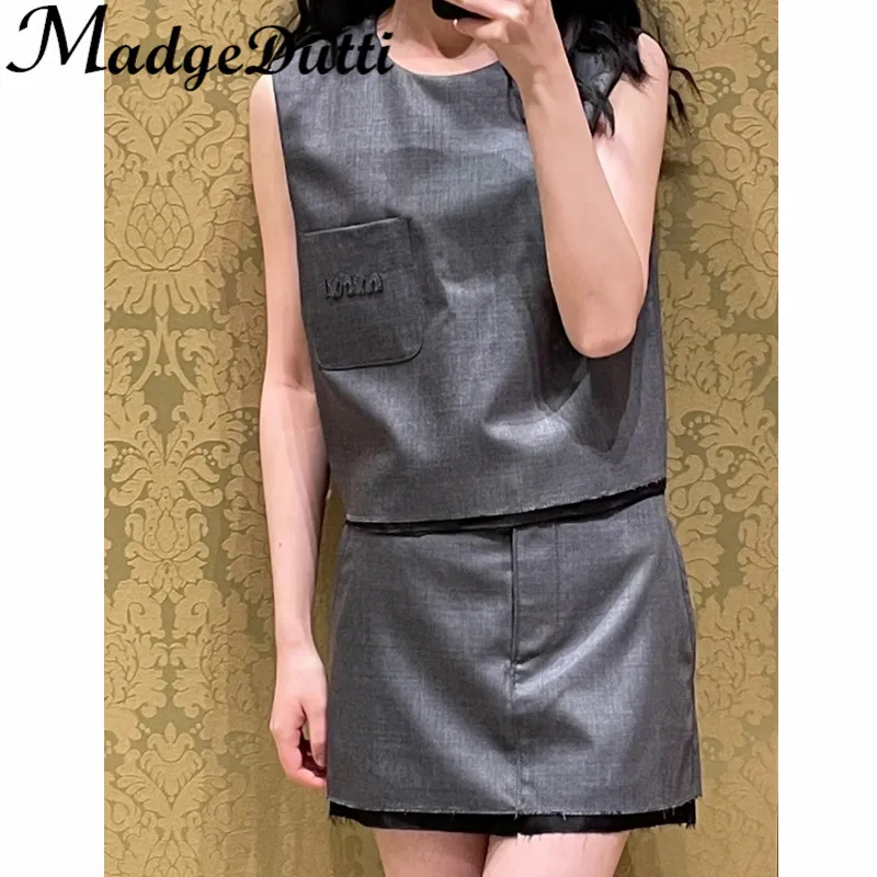 

12.15 MadgeDutti Letter Embroidery Gray Set Women Fake Two Piece Pockets Sleeveless Vest Or High Waist A-Line Skirt