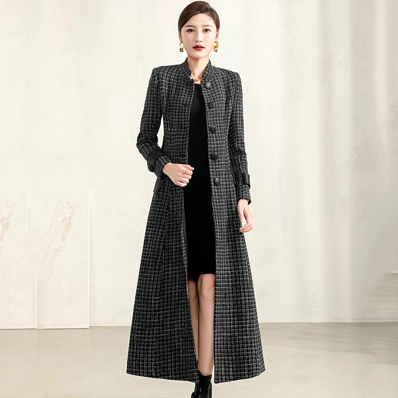 

New Women Black Houndstooth Woolen Coat Spring Autumn Fashion Hepburn Style Stand Collar Slim Long Plaid Wool Blends Overcoat